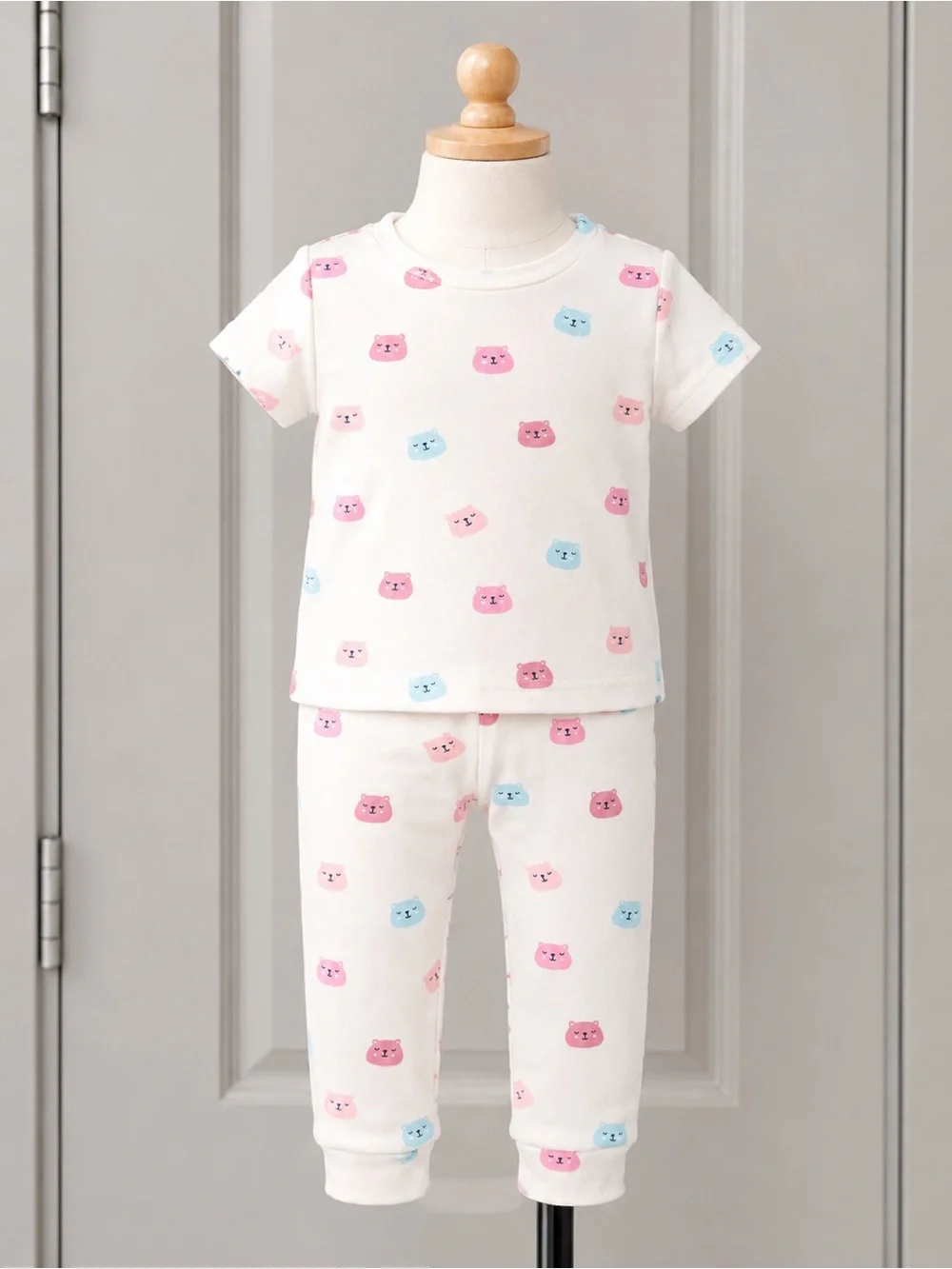 Kids White Short Sleeve Pajama Set with Pink & Blue Bear Prints